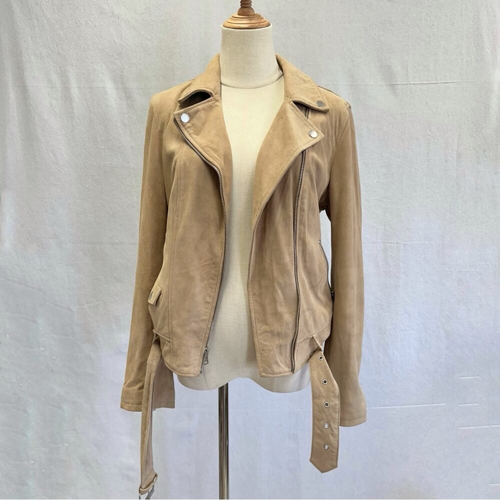 Ugg Stacey suede leather moto biker jacket belted size medium sand color - Picture 16 of 16